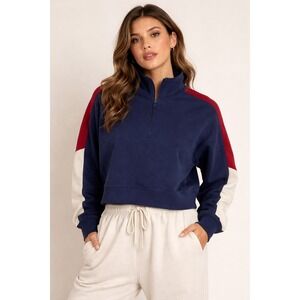 Fabletics Navy Red Colorblock Quarter Zip Cropped Sweatshirt Women Medium
